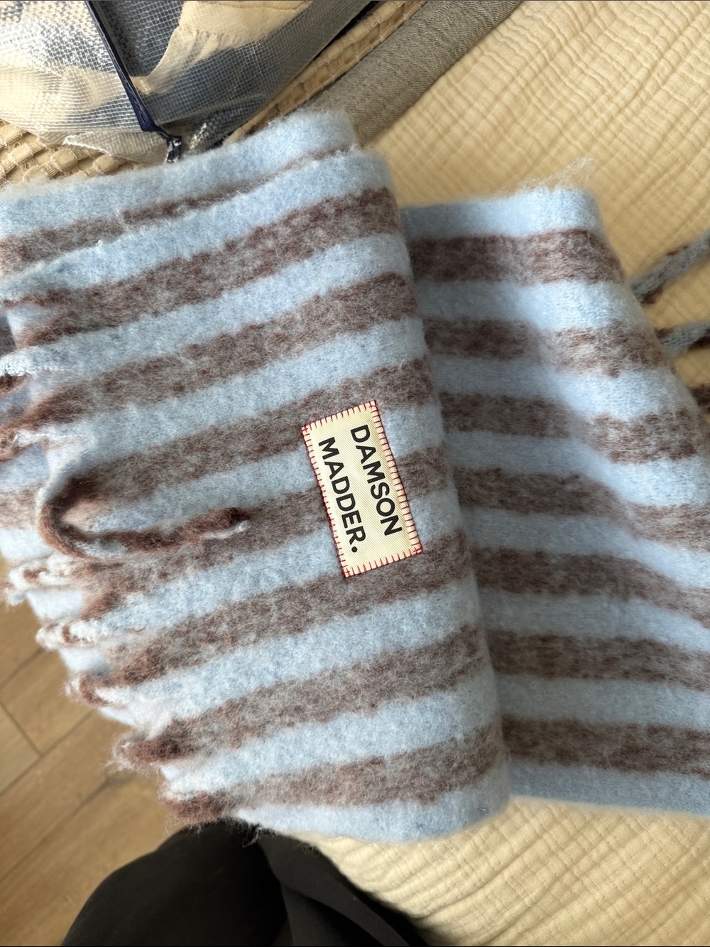 Blue and brown striped Damson Madder Scarf